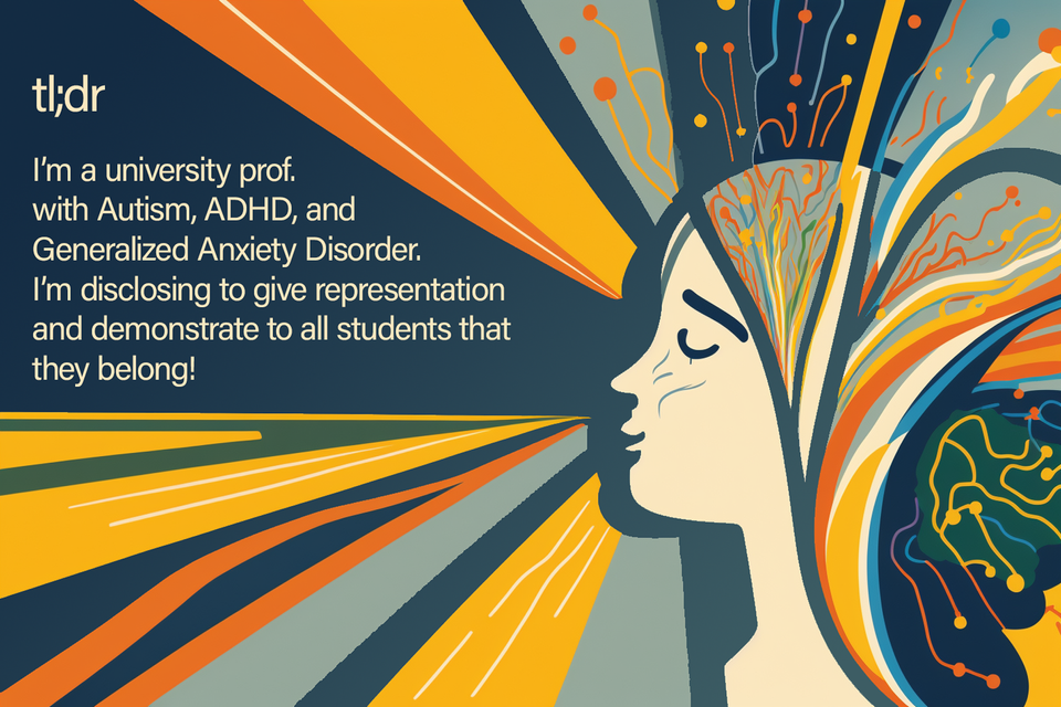 artistic image with "tl;dr: I'm autistic and have ADHD and Anxiety. I'm disclosing because all students belong!"