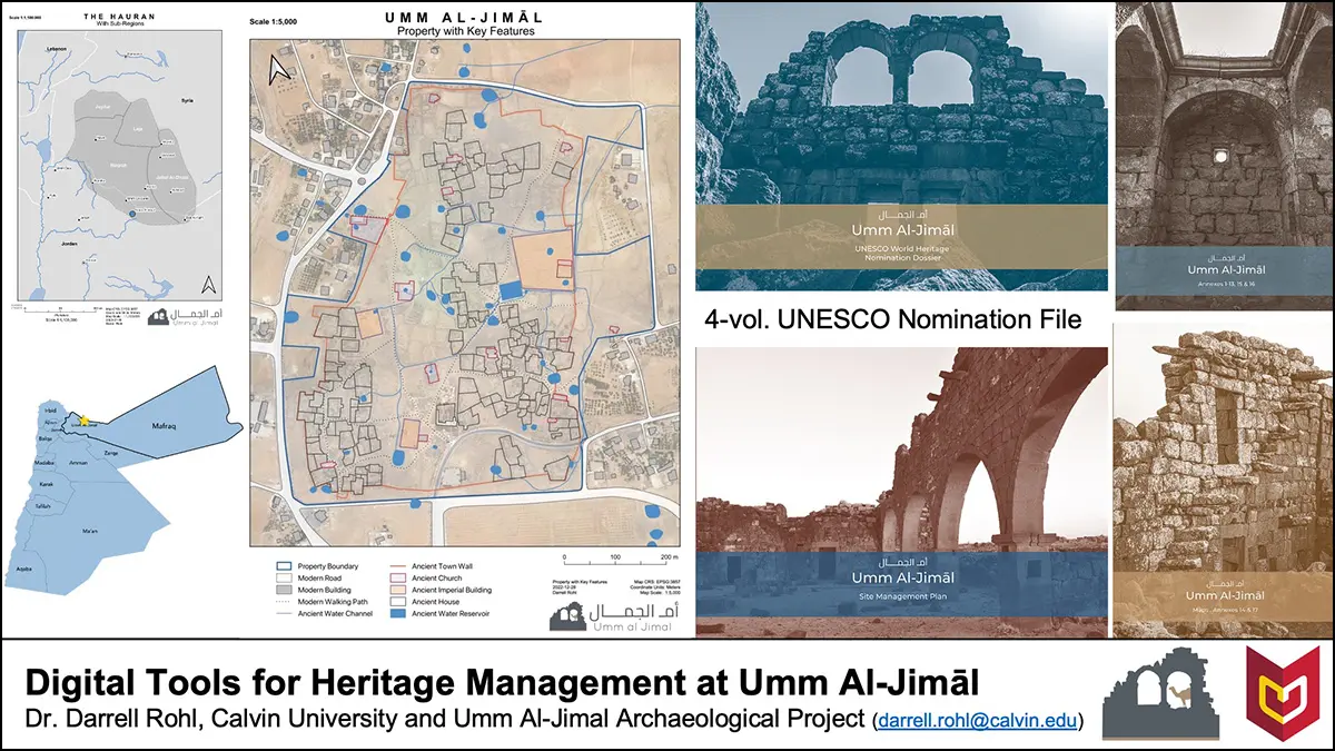 Slide from Darrell Rohl's ICHAJ16 presentation, featuring the covers of the UNESCO nomination file volumes and 3 maps showing the site plan and its regional and national location.si