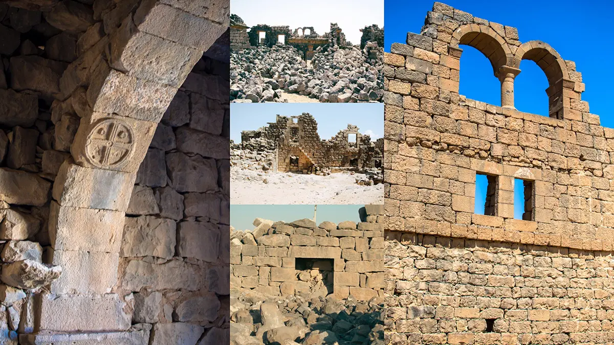 A collage of photographs of Umm Al-Jimal's ancient ruins.