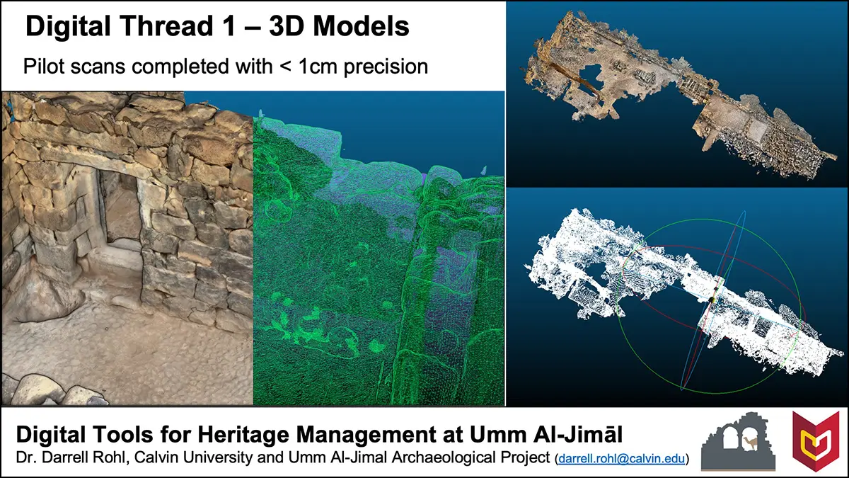 Slide from Darrell Rohl's ICHAJ16 presentation, featuring outputs of the 3D LiDAR scanning of the West Church complex at Umm Al-Jimal.
