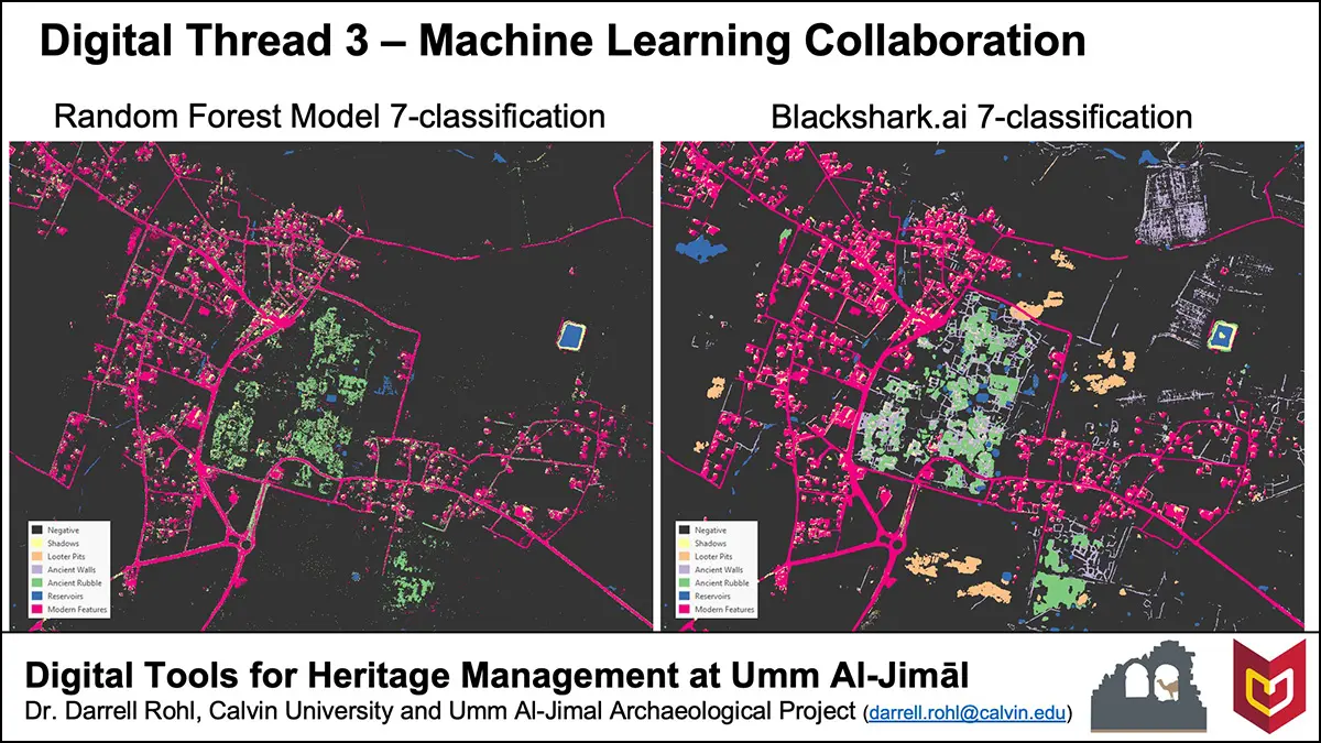 Slide from Darrell Rohl's ICHAJ16 presentation, featuring screenshots of machine learning classification models including an open source Random Forest model and Blackshark.ai