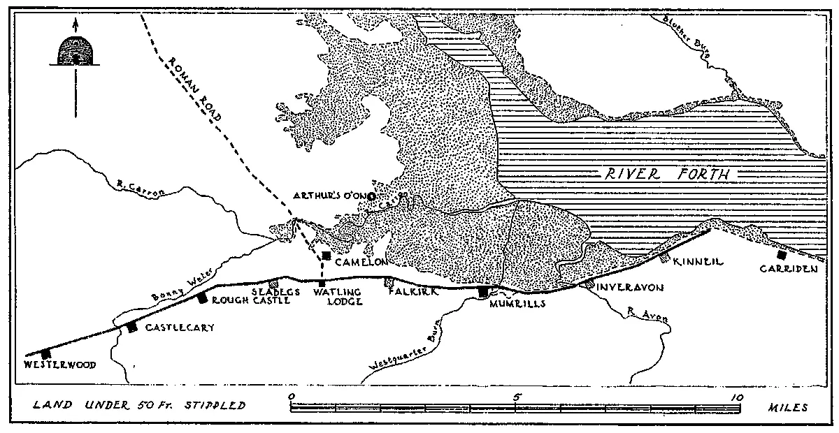 Map showing the eastern section of the Antonine Wall with the location of Arthur's O'on near Falkirk.