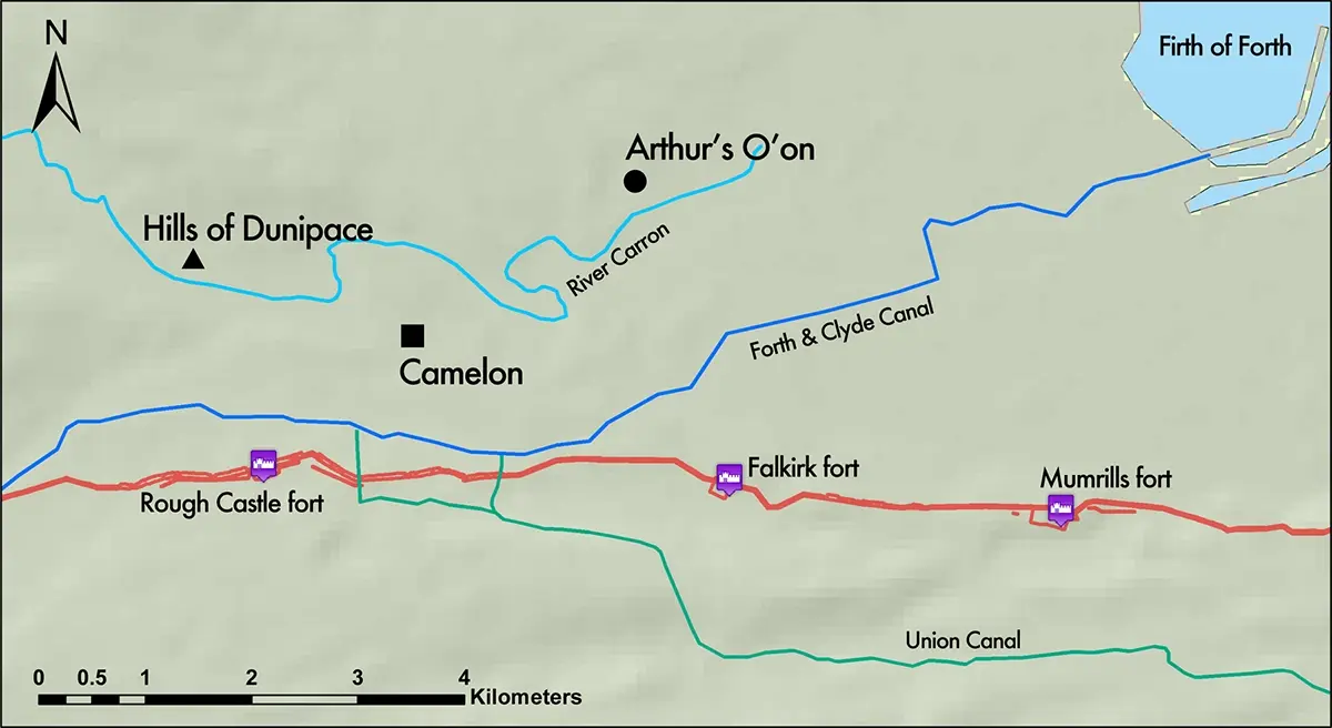 Digital map showing the location of Arthur's O'on in its geographic context with the Firth of Forth, River Carron, and the Antonine Wall.