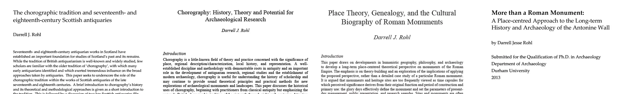 Image showing the title pages of 4 papers by Darrell Rohl on chorography and the archaeology of place.