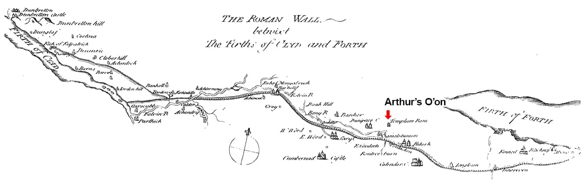 Scan of a hand-drawn antiquarian map of the Antonine Wall by Sir Robert Sibbald (1707).